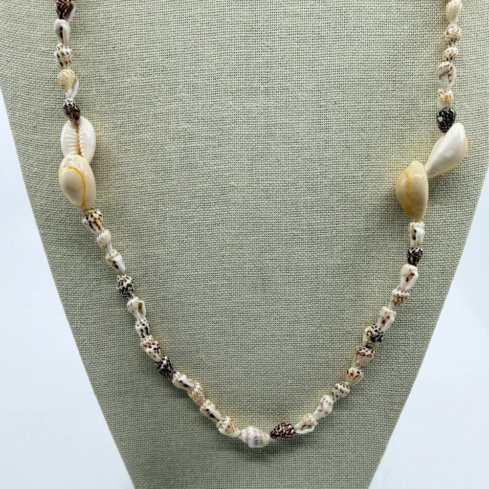 Natural Cowrie Seashell Station Long Necklace Coastal Beach Boho Jewelry Gift